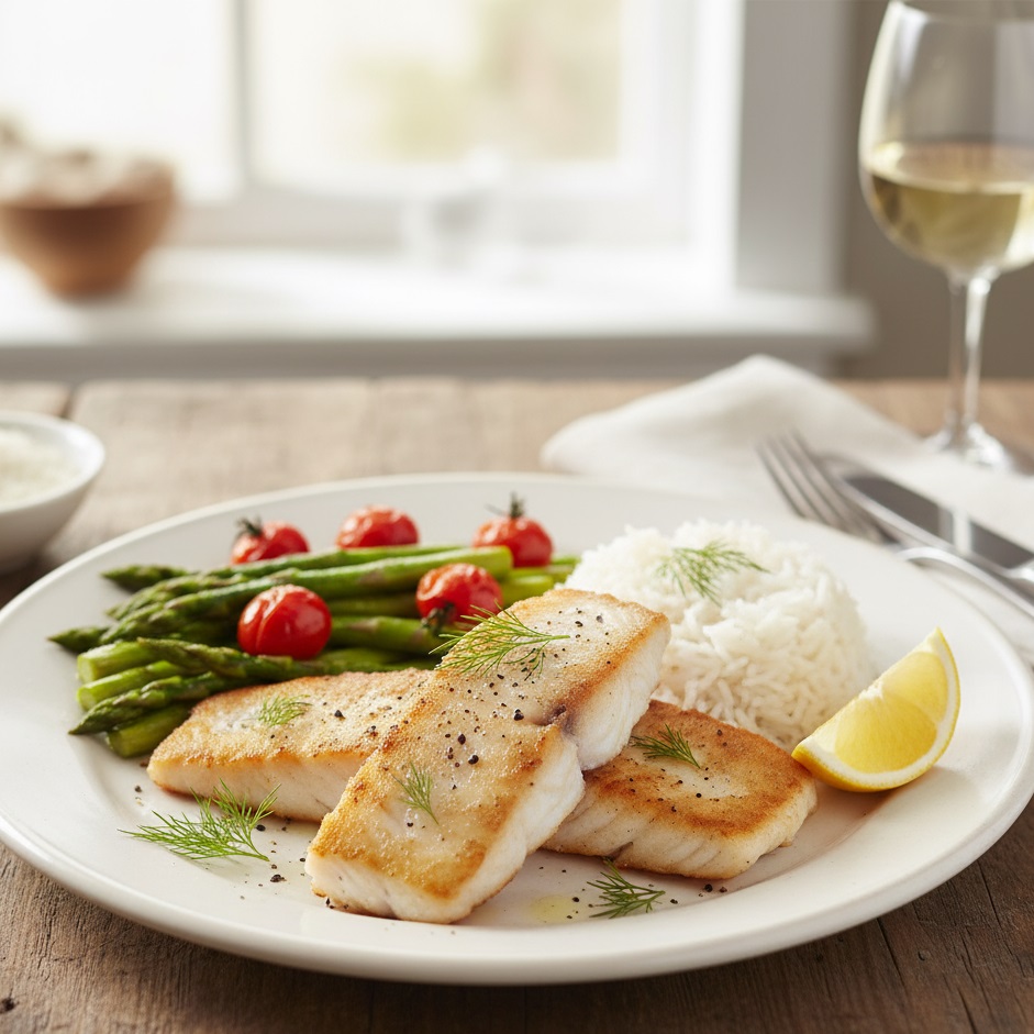 Gotowy obiad przygotowany z filetów miruny nowozelandzkiej